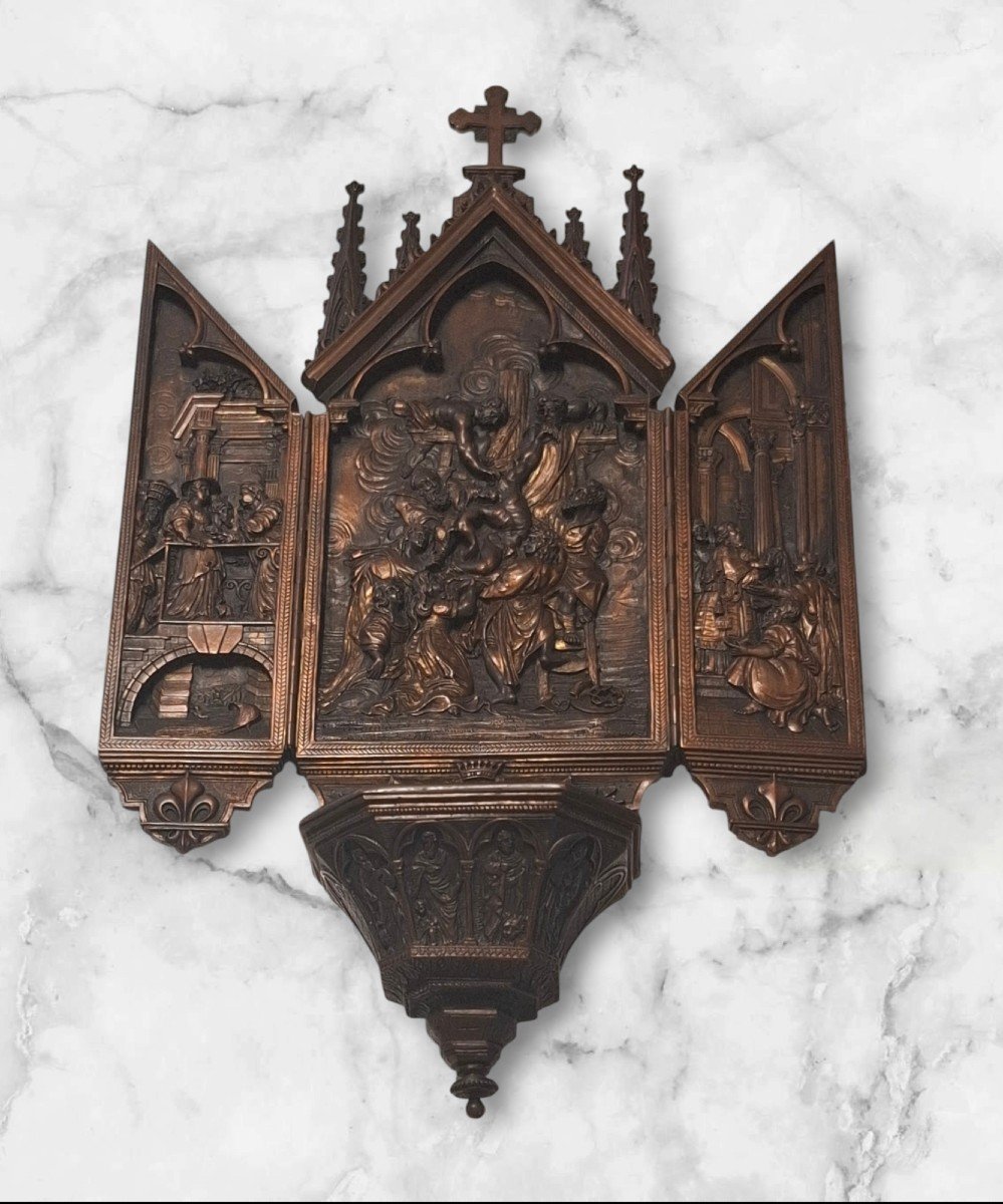 Bronze Holy Water Stoup Triptych 