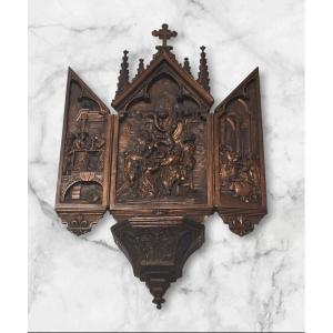 Bronze Holy Water Stoup Triptych 