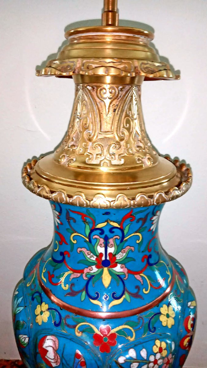 Pair Of Bronze And Cloisonné Enamel Lamps-photo-2