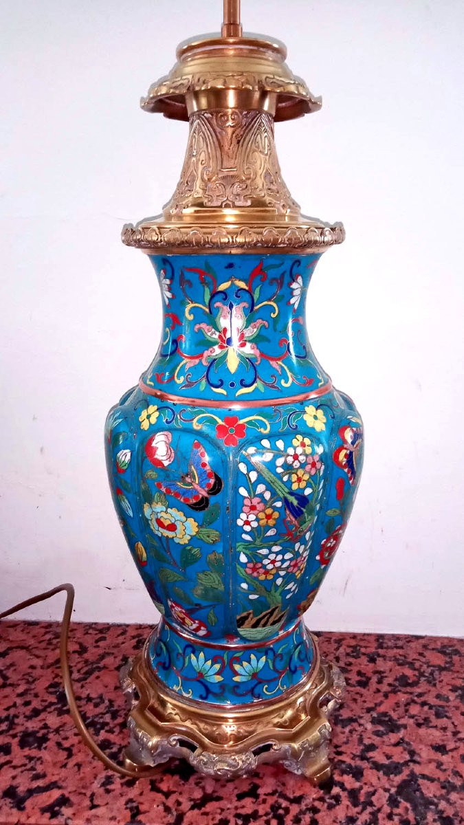 Pair Of Bronze And Cloisonné Enamel Lamps-photo-3