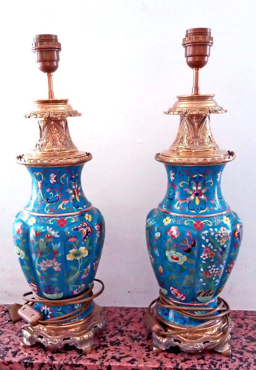 Pair Of Bronze And Cloisonné Enamel Lamps