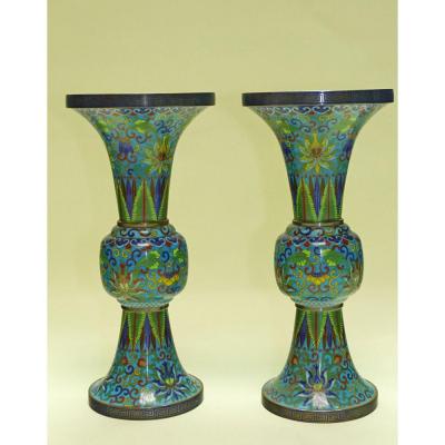 Vases Pair Of Cloisonne Enamel Gu 19th China