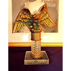 Aigle De Parement Bronze Doré Sur Socle En Cristal Taillé