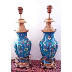 Pair Of Bronze And Cloisonné Enamel Lamps