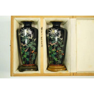 Pair Of Enamelled Copper Vases Said Shippo Late 19th