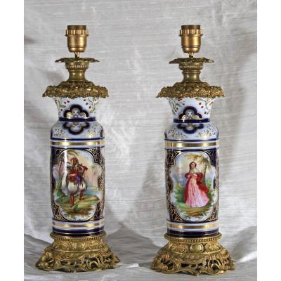 Paire De Lampes En Porcelaine De Bayeux Et Bronze  début 19 ème