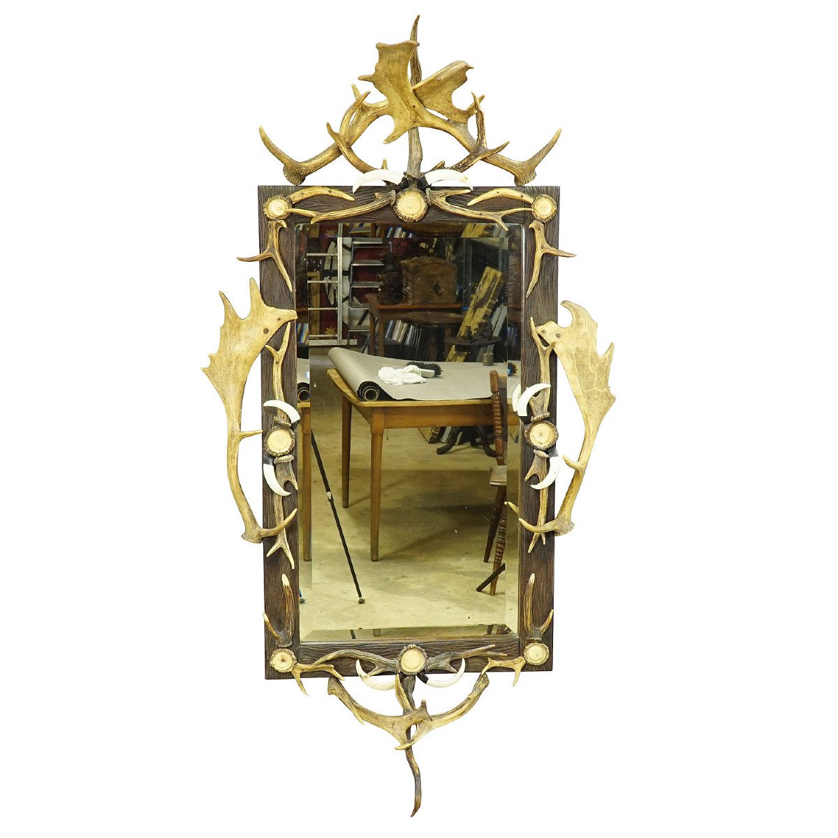 Proantic Large Antique Mirror With Rustic Deer Antler Decorations   1020854 Main 635a625986569 