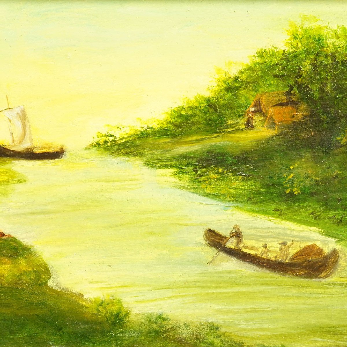 Proantic: Grande peinture, huile sur toile, Paysage de rivière avec