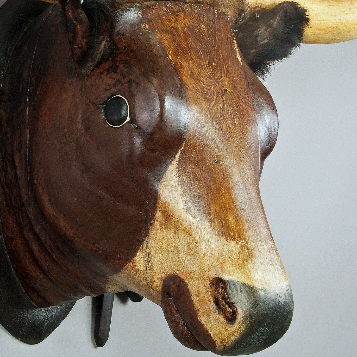 Proantic: Very Large Wooden Carved Bull Head From A Butchery Ca. 1880