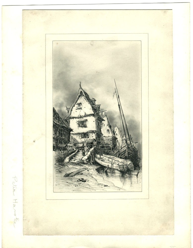 Port à marée basse - Dessin ancien de Peter HAWKE (1801-1887)-photo-2