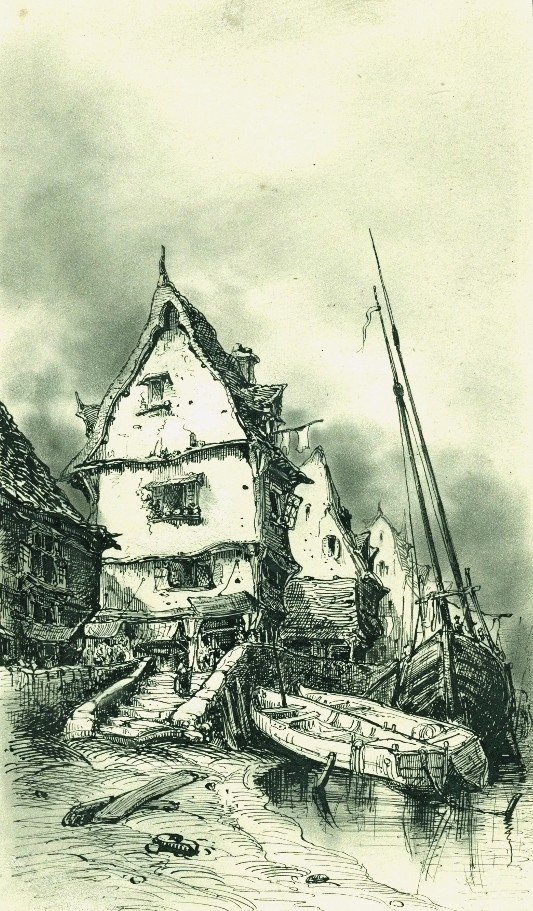 Port à marée basse - Dessin ancien de Peter HAWKE (1801-1887)