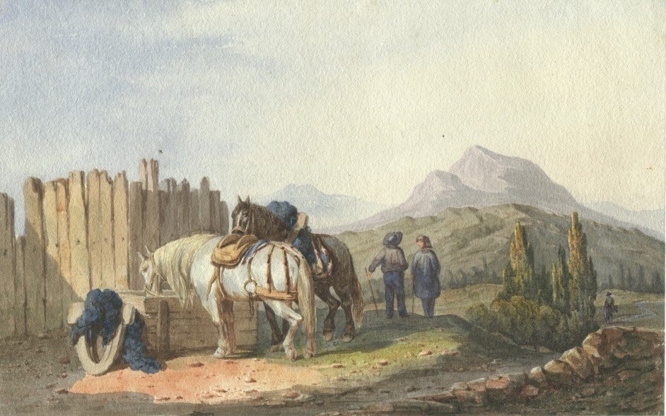 Théodore FORT (1810-1896) Attrib. à -  Chevaux Dans Un Paysage - Dessin  Original à l'Aquarelle