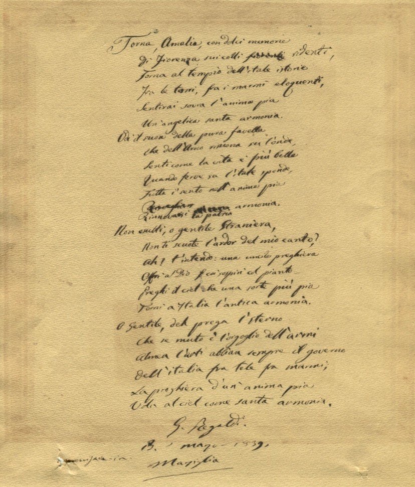  Manuscrit original de Giuseppe REGALDI (1809-1883) Ecrivain et poète italien