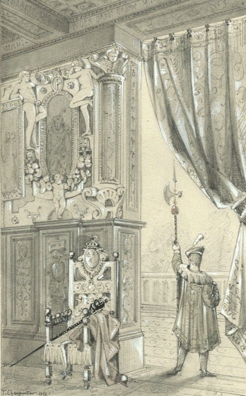 Dessin Original Ancien - Scène d'Intérieur