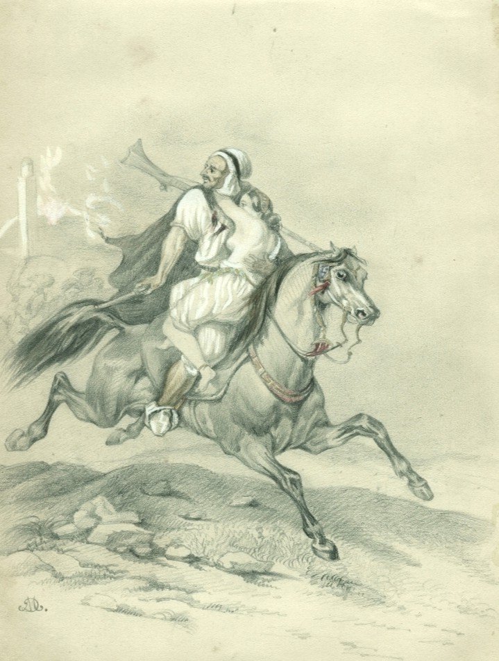 l'Enlèvement Du Harem, Cheval Pur Sang Arabe  Fantasia  - Dessin Original Ancien