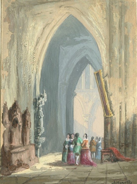 Belle Gouache Figurant Un Groupe De Personnages Dans Une église - Dessin  Ancien