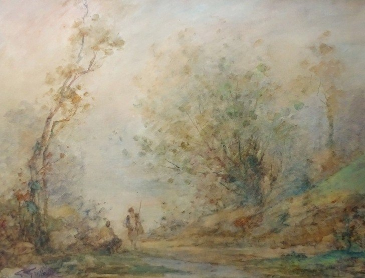 Gabriel GRIFFON (1866-1938) Grande aquarelle - Paysage animé-photo-2