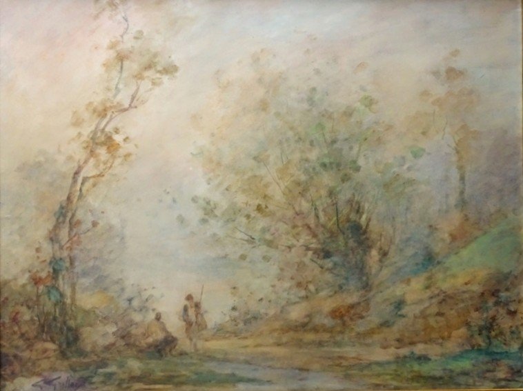 Gabriel GRIFFON (1866-1938) Grande aquarelle - Paysage animé