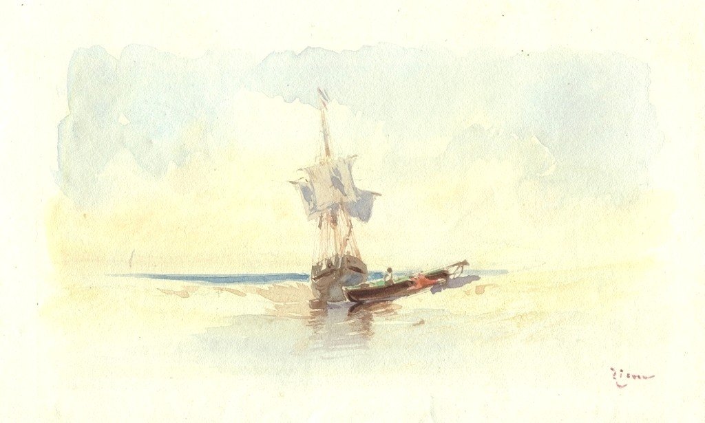Félix ZIEM (1821-1911) Paysage marin , Bateau -  Aquarelle  - Dessin Original ancien