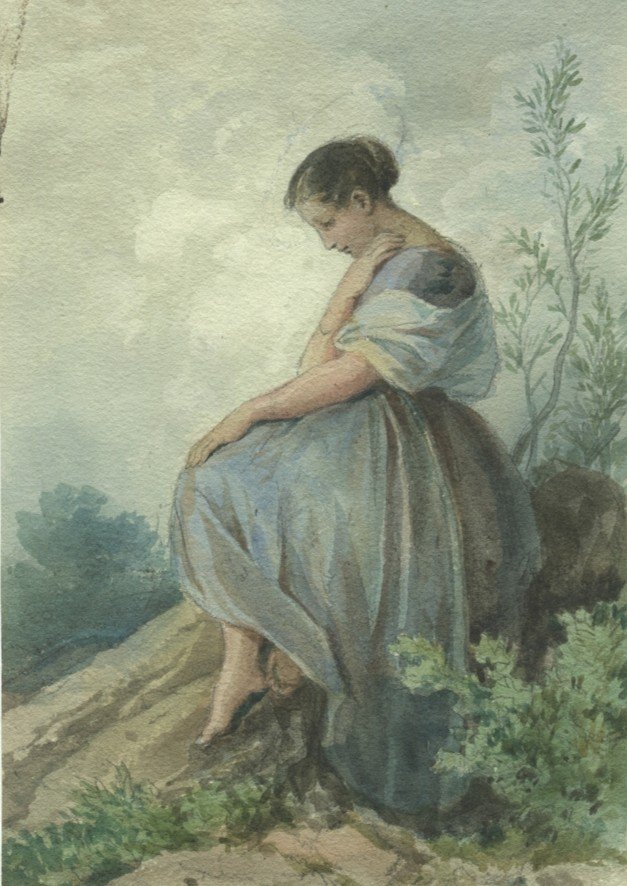 Jean Joseph Bonaventure LAURENS (1801-1890) Femme assise sur un rocher - Aquarelle