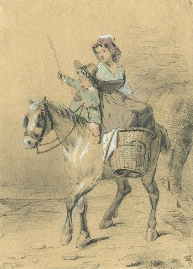 Mère Et Enfant à Dos De Cheval - Dessin Original Ancien