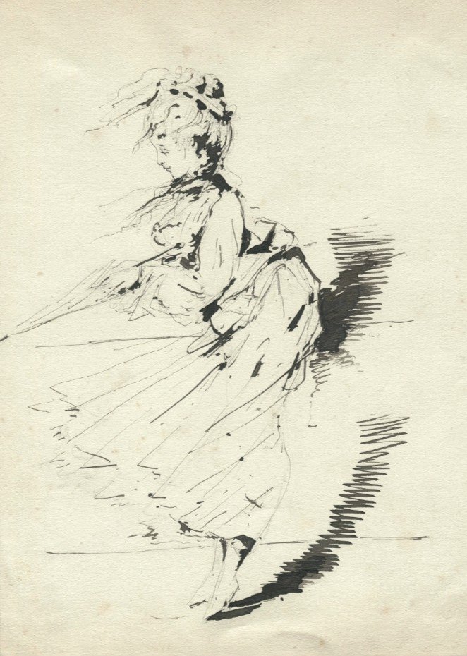 Elegant In A Great Wind - Original Old Drawing