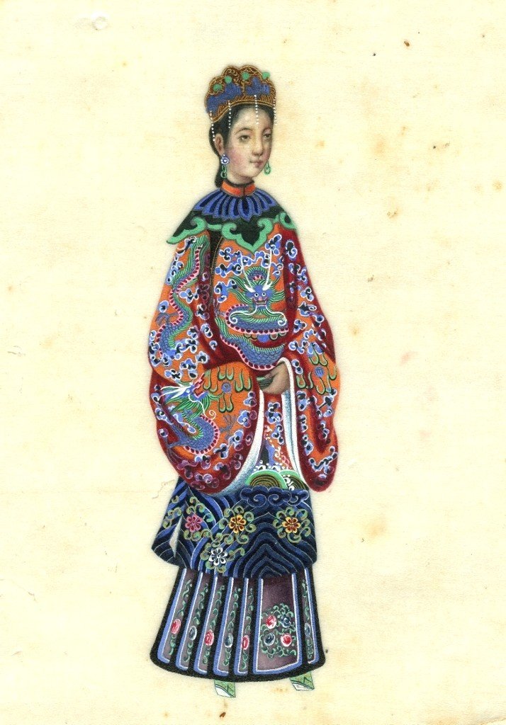 école Chinoise XIXème   Femme En Costume Traditionnel -  Dessin Original Ancien