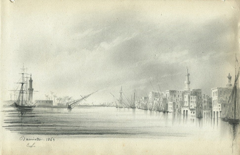 Egypt - View Of Damietta, Nile Delta - Old Orientalist Drawing-photo-3