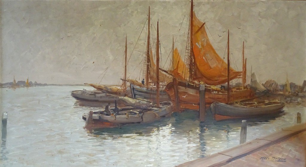 Large Painting By Kees Terlouw 1890-1942 - Dutch School Seascape Boats-photo-2