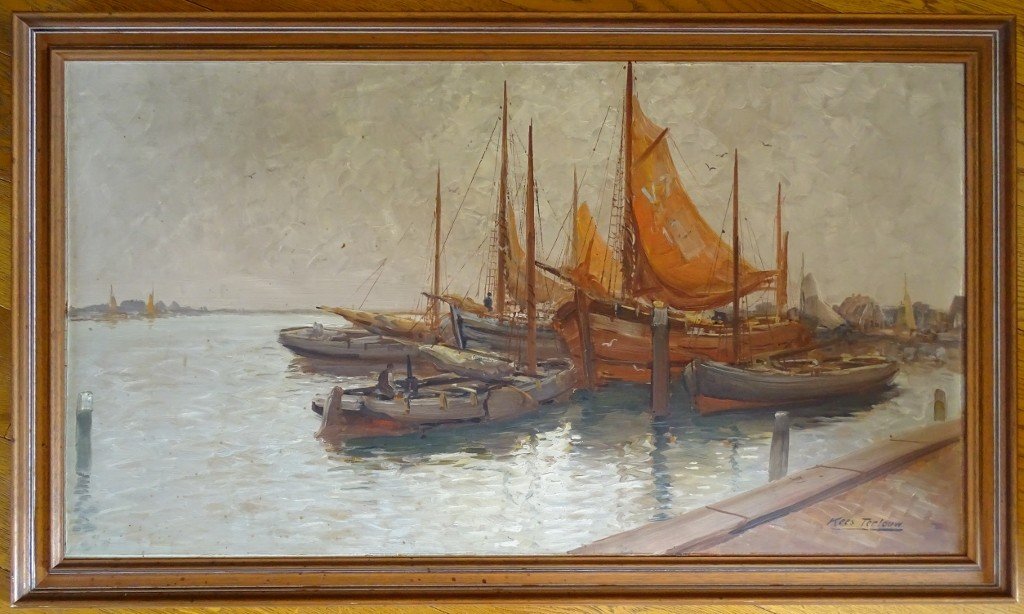 Large Painting By Kees Terlouw 1890-1942 - Dutch School Seascape Boats-photo-3