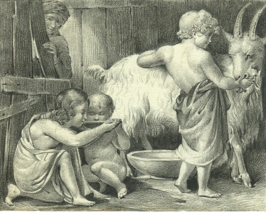 Children Playing With A Goat - Old Original Drawing