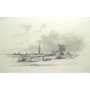 Dessin original de Jules Achille NOËL (1810-1881) -  BRETAGNE -   paysage animé