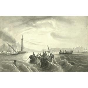 The Bay Of Naples, Vesuvius In The Distance - Original Lavis Drawing