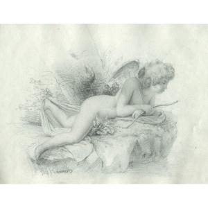 Augustin Luc DEMOUSSY (1808-1880) Cupidon mirant son reflet dans une rivière-  Dessin original 