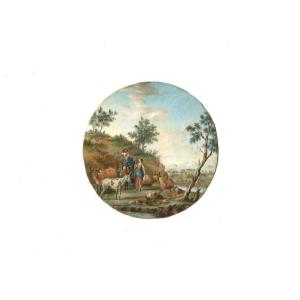 Belle Miniature à l'Aquarelle - Scène Pastorale -  Dessin Original Ancien
