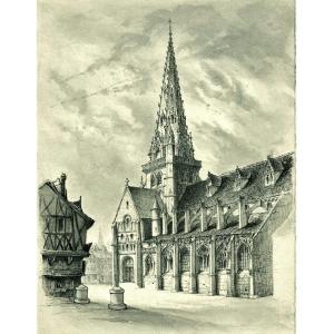 Rare dessin original de Peter Hawke (1801-1887)  Eglise