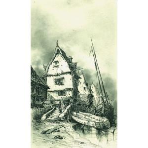 Port à marée basse - Dessin ancien de Peter HAWKE (1801-1887)