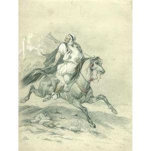 The Abduction Of The Harem, Purebred Arabian Horse Fantasia - Old Original Drawing
