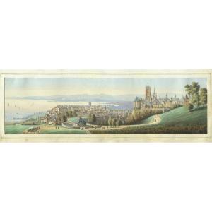 Belle Gouache Figurant Une Vue Panoramique De Lausanne  - Dessin Original Ancie