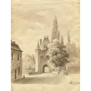 Antoine Félix BOISSELIER (1790-1857) Porte de Sens à Villeneuve s/ Yonne - Dessin  original 