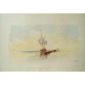 Félix ZIEM (1821-1911) Paysage marin , Bateau -  Aquarelle  - Dessin Original ancien