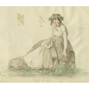 Allégorie De La Botanique - Portrait De Femme - Dessin Original Ancien