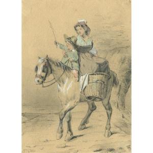 Mère Et Enfant à Dos De Cheval - Dessin Original Ancien