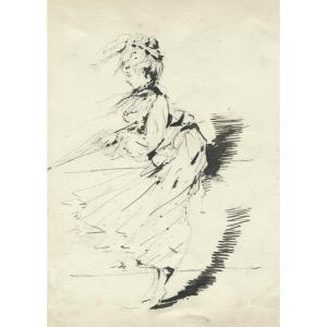 Elegant In A Great Wind - Original Old Drawing