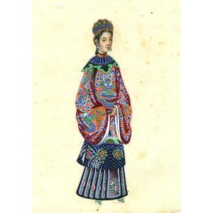 école Chinoise XIXème   Femme En Costume Traditionnel -  Dessin Original Ancien