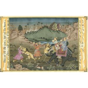 Inde - Gouache Et Or - La Chasse Aux Lions 