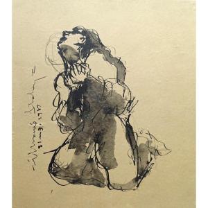 Femme Implorante - Dessin Original à l'Encre Et Lavis