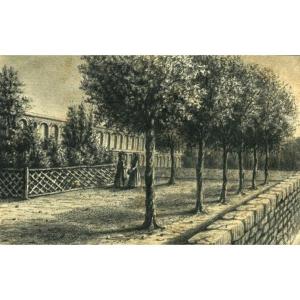 Original Drawing - Elegant Women Walking Near The St Clément Aqueduct In Montpellier 