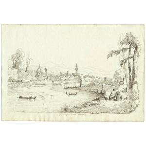 Dessin original de Emilio BURCI (1811-1877) Italie - Florence vue depuis l'Arno