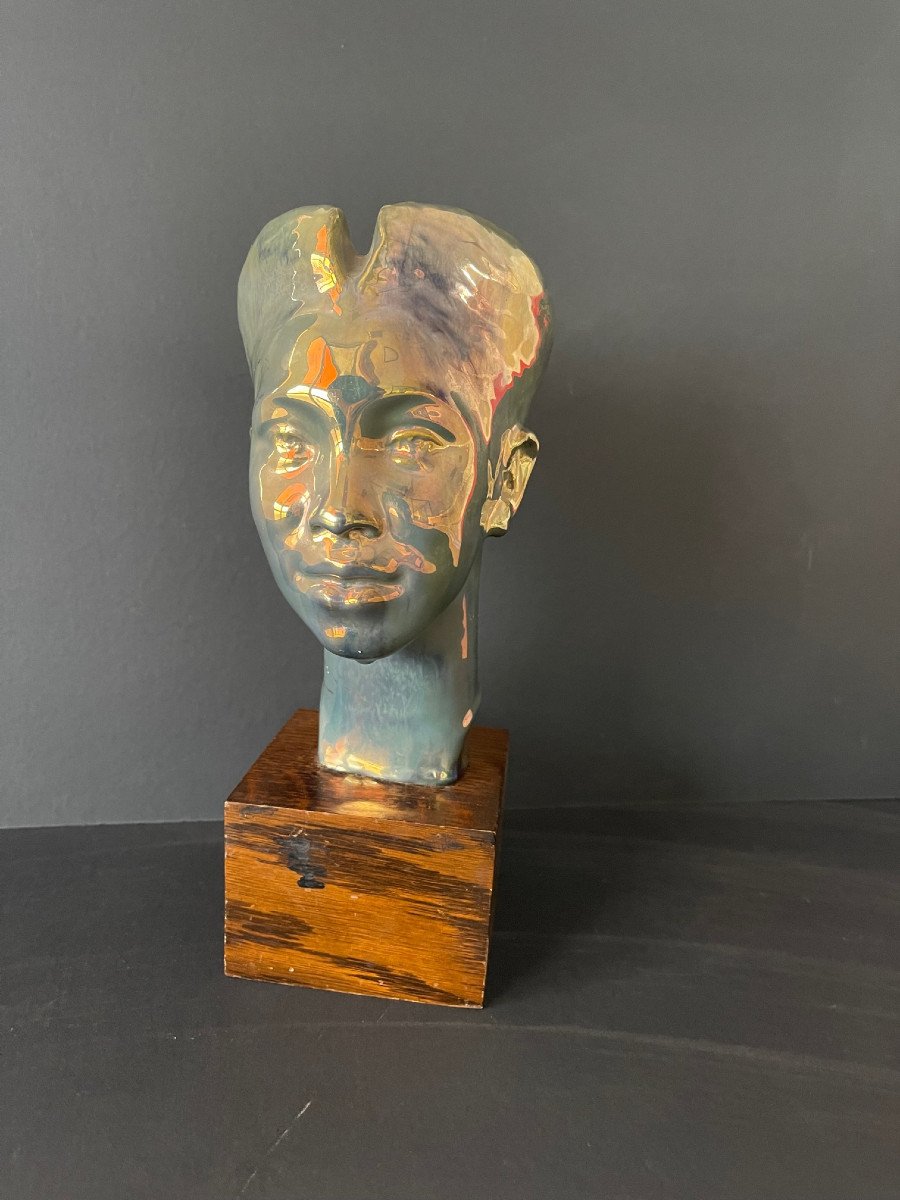 Large Ceramic Indochinese Head Flamed Stoneware Art Deco Indochina 1930 - 1940-photo-2